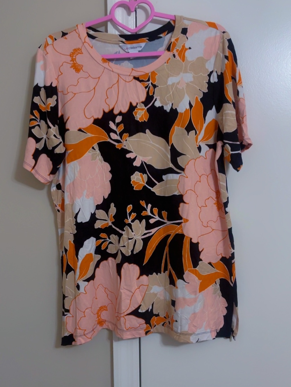 Liz Claiborne Black Short Sleeve Floral Top with Blush & Orange